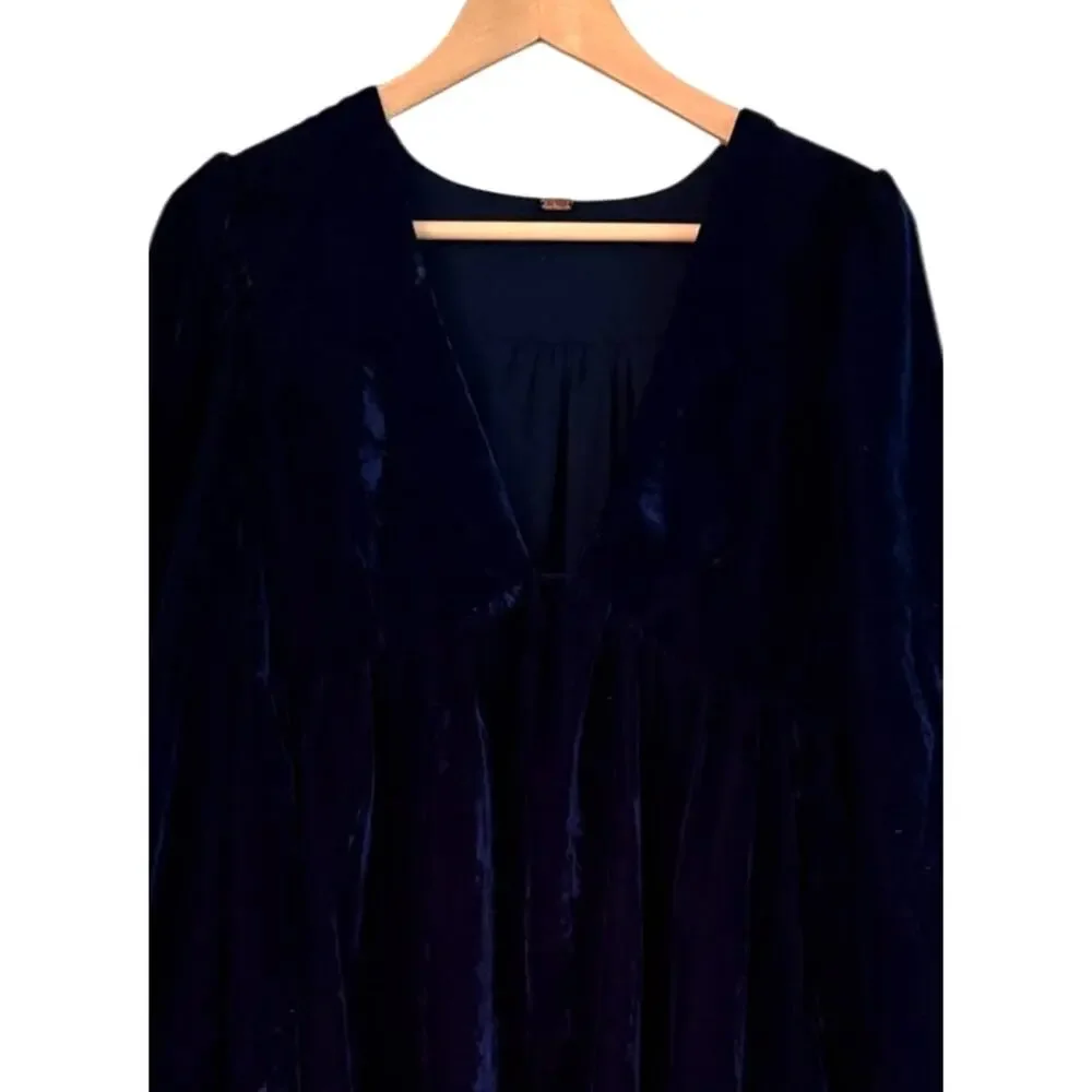 Free People Estella Velvet Mini Dress Navy Blue Babydoll Ruffle Medium